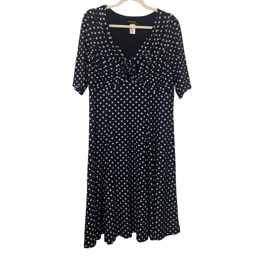 Wedding Guest Dress Size XL Polka Dot Navy Blue Rosette Short Sleeve Slinky